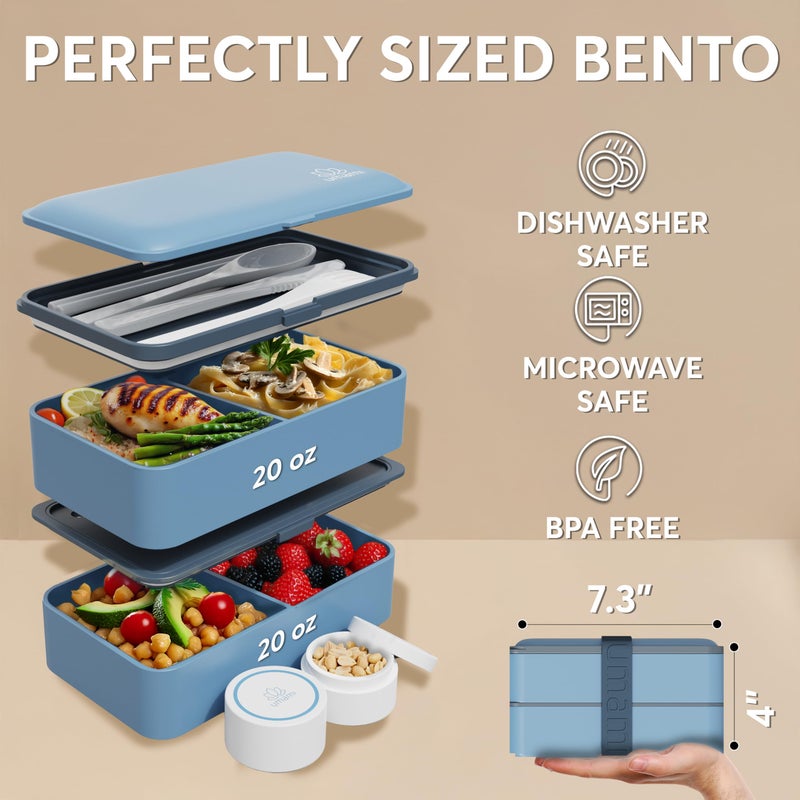 Umami Bento Box Adult All-In-1 w/4 Utensils, 2 Sauce Jar, 2 Dividers, 100% Leakproof, Microwave & Dishwasher Safe, Stackable Bento Lunch Box Containers for Men/Women, Denim Blue, 40 oz - Image 5